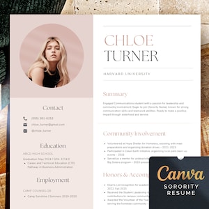 Sorority Recruitment Resume, Sorority Resume Templates with Photo, Graduation Gift, Rush Resume Template Canva, Best Sorority Resume Example