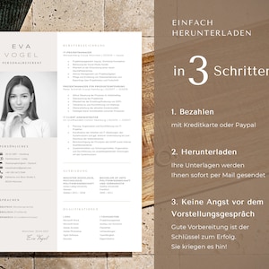 May include: A resume template with a photo of a woman in a white shirt. The text on the resume includes the name Eva Vogel, Personalreferent, and the title "Einfach Herunterladen in 3 Schritten".