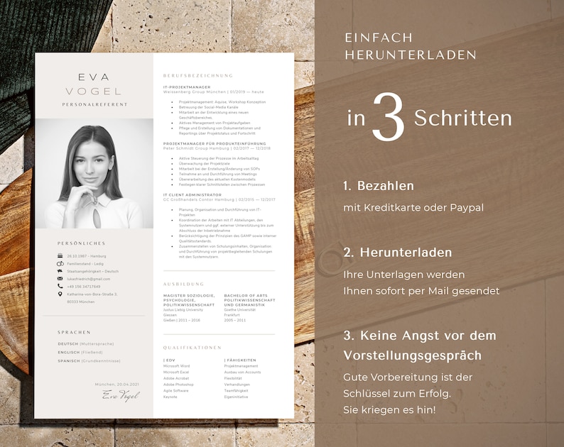 May include: A resume template with a photo of a woman in a white shirt. The text on the resume includes the name Eva Vogel, Personalreferent, and the title "Einfach Herunterladen in 3 Schritten".