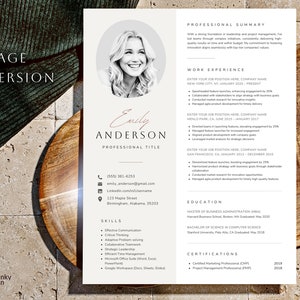 May include: A resume template with a professional headshot of a woman. The resume includes a professional summary, work experience, education, skills, and certifications. The resume is designed in a minimalist style with a light brown background.