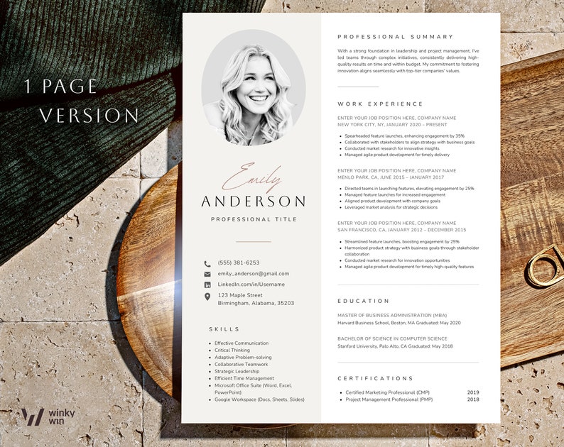 May include: A resume template with a professional headshot of a woman. The resume includes a professional summary, work experience, education, skills, and certifications. The resume is designed in a minimalist style with a light brown background.