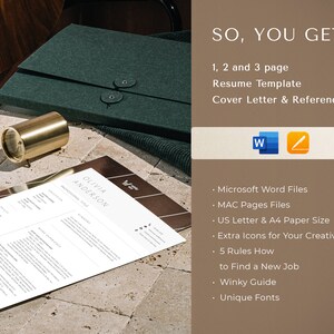 May include: A resume template with a cover letter and references, displayed on a textured surface. The image includes a resume, a green folder, and a gold-colored cylindrical object. Text on the image reads "SO, YOU GET!" and lists features like Microsoft Word files.