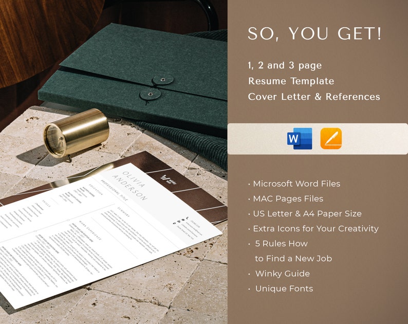 May include: A resume template with a cover letter and references, displayed on a textured surface. The image includes a resume, a green folder, and a gold-colored cylindrical object. Text on the image reads "SO, YOU GET!" and lists features like Microsoft Word files.