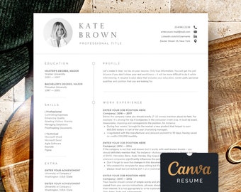 Resume Template Canva with Cover Letter, 1 Page Cv Template Canva + 2 page resume for Canva, Minimalist Resume Professional Cv with photo