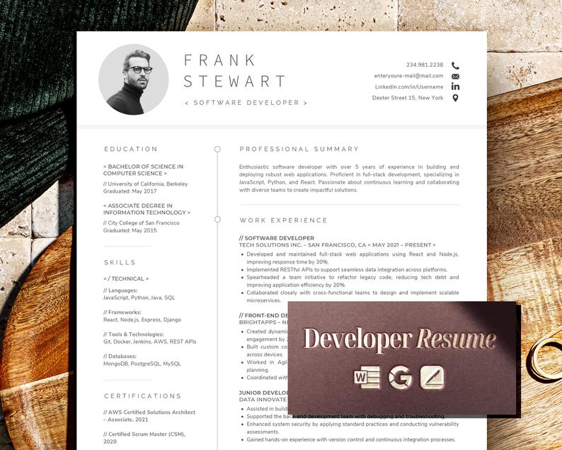 May include: A brown business card with white text that reads "Developer Resume". The card also has icons for Microsoft Word, Google Docs, and a pencil.