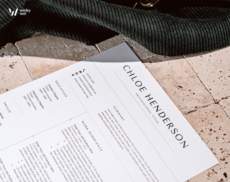 May include: A white resume with black text. The resume is for Chloe Henderson. The resume includes a summary, education, and work experience sections. The resume is on a light brown tiled surface.