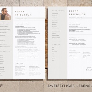 May include: A two-page resume in a minimalist style with a black and white color scheme. The resume is for Elias Friedrich, who is a Brand Manager, IT Project Manager, and IT Client Administrator. The resume lists his qualifications, work experience, and education. The resume is dated Munich, 31.03.2021.