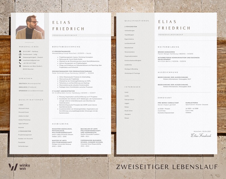 May include: A two-page resume in a minimalist style with a black and white color scheme. The resume is for Elias Friedrich, who is a Brand Manager, IT Project Manager, and IT Client Administrator. The resume lists his qualifications, work experience, and education. The resume is dated Munich, 31.03.2021.