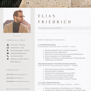 May include: A resume for Elias Friedrich, a personal referent. The resume lists his personal information, including his date of birth, marital status, nationality, email address, phone number, and address. It also lists his work experience, including his roles as IT Project Manager, Project Manager for Product Introduction, and IT Client Administrator. The resume also lists his language skills, including German, English, and Spanish.