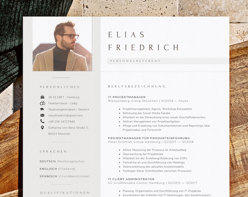 May include: A resume for Elias Friedrich, a personal referent. The resume lists his personal information, including his date of birth, marital status, nationality, email address, phone number, and address. It also lists his work experience, including his roles as IT Project Manager, Project Manager for Product Introduction, and IT Client Administrator. The resume also lists his language skills, including German, English, and Spanish.