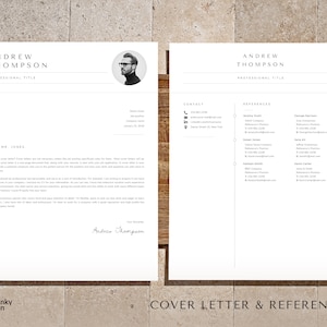 Puede incluir: Una plantilla de curr&iacute;culum vitae profesional con una carta de presentaci&oacute;n y una p&aacute;gina de referencias. El curr&iacute;culum presenta el nombre "Andrew Thompson" y una foto de perfil. La carta de presentaci&oacute;n incluye un saludo "Estimado Sr. Jones" y una firma. La parte inferior de la imagen tiene el texto "COVER LETTER & REFERENCES".