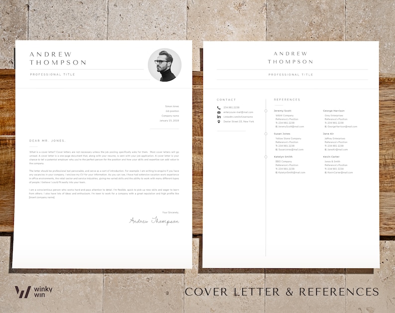 Puede incluir: Una plantilla de curr&iacute;culum vitae profesional con una carta de presentaci&oacute;n y una p&aacute;gina de referencias. El curr&iacute;culum presenta el nombre "Andrew Thompson" y una foto de perfil. La carta de presentaci&oacute;n incluye un saludo "Estimado Sr. Jones" y una firma. La parte inferior de la imagen tiene el texto "COVER LETTER & REFERENCES".