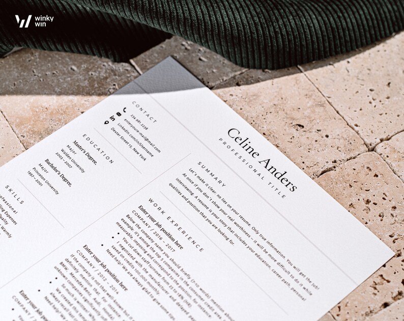 May include: A white resume with black text. The resume is for Celine Anders and includes a summary, work experience, education, and contact information.