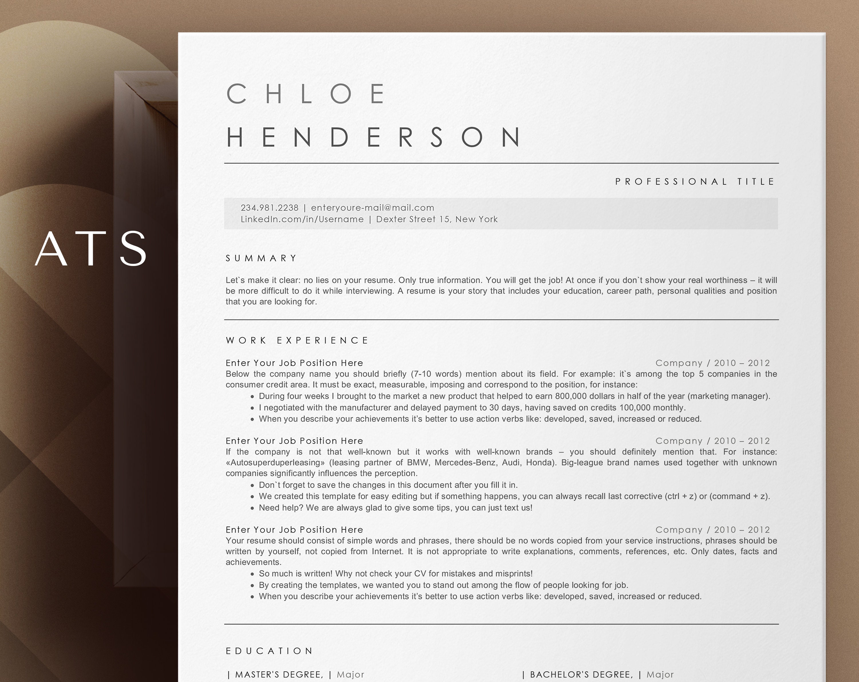 ATS Resume Template for Word, Pages, Google Docs, ATS Friendly Resume…
