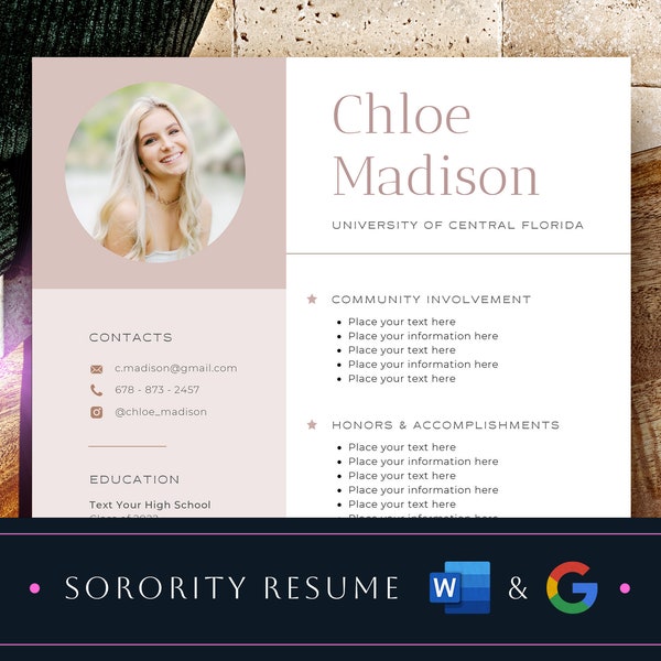 Sorority Resume Template Word + Google Docs Rush Resume Template, Sorority Rush Resume Word, Resume for Sorority Recruitment Pack, Social Cv