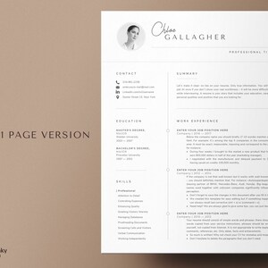 May include: A black and white resume template with the title "Chloe Gallagher" at the top. The resume includes sections for contact information, summary, education, work experience, and skills. The resume is designed for a one-page format.