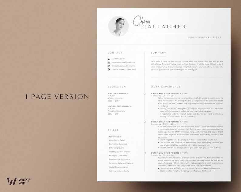 May include: A black and white resume template with the title "Chloe Gallagher" at the top. The resume includes sections for contact information, summary, education, work experience, and skills. The resume is designed for a one-page format.