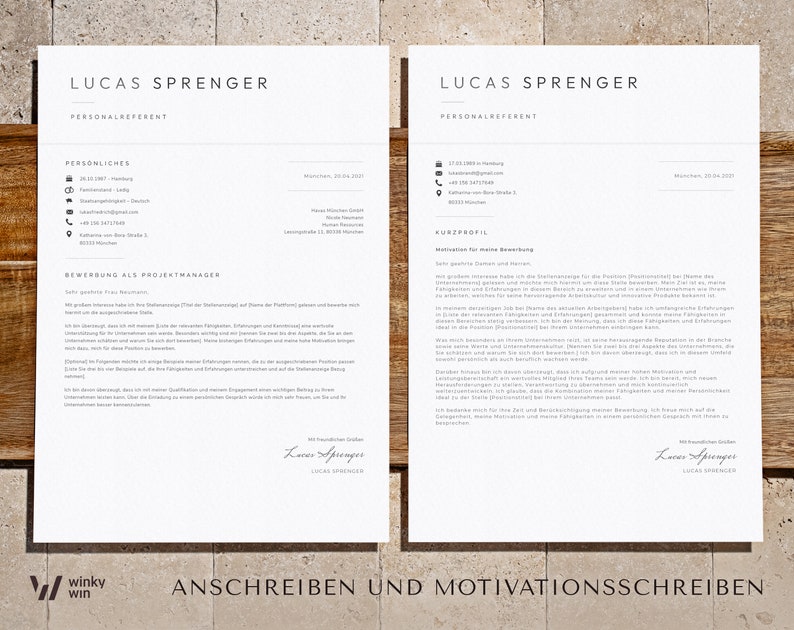 Op de afbeelding: Een zwart-witte cv-sjabloon met de naam Lucas Sprenger en de titel Personalreferent. De cv bevat persoonlijke informatie, een korte professionele samenvatting en een sollicitatiebrief voor een functie als projectmanager.