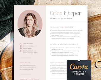 Rosa Sorority Resume Template mit Foto, 2-seitiger moderner Sorority Resume, SororityRecruiting Lebenslauf, niedliche Eil-Lebenslaufvorlage mit Foto