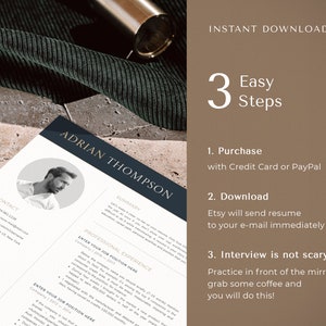 May include: A resume template with a black and white photo of a man in a circle at the top. The text "ADRIAN THOMPSON" is in a dark blue rectangle at the top of the page. The text "INSTANT DOWNLOAD" is in a light brown rectangle at the top right of the page. The text "3 Easy Steps" is in a light brown rectangle below the text "INSTANT DOWNLOAD". The text "1. Purchase with Credit Card or PayPal" is below the text "3 Easy Steps". The text "2. Download Etsy will send resume to your e-mail immediately" is below the text "1. Purchase with Credit Card or PayPal". The text "3. Interview is not scary Practice in front of the mirror, grab some coffee and you will do this!" is below the text "2. Download Etsy will send resume to your e-mail immediately".