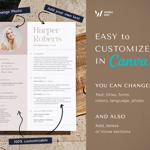 May include: A customizable resume template with a photo, contact details, and sections for education, experience, and skills. The design is in soft pink and white, with the text "Harper Roberts" at the top. The template is 100% customizable.