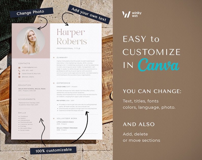 May include: A customizable resume template with a photo, contact details, and sections for education, experience, and skills. The design is in soft pink and white, with the text "Harper Roberts" at the top. The template is 100% customizable.