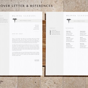 May include: A black and white cover letter and references page for Olivia Sanders, a Registered Nurse. The cover letter is addressed to Mr. Jones and includes a brief introduction and a description of Olivia's skills and experience. The references page lists the names, contact information, and job titles of Olivia's references.