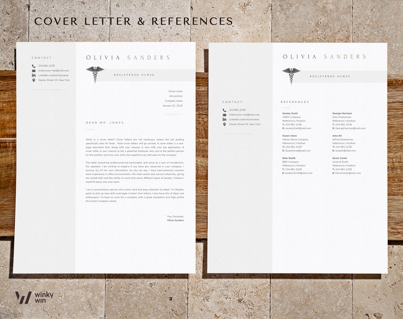 May include: A black and white cover letter and references page for Olivia Sanders, a Registered Nurse. The cover letter is addressed to Mr. Jones and includes a brief introduction and a description of Olivia's skills and experience. The references page lists the names, contact information, and job titles of Olivia's references.