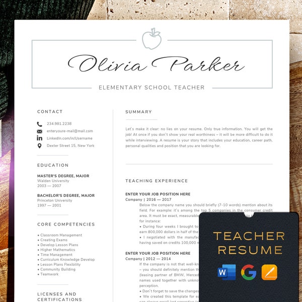 Resume Template Teacher Resume Google Docs, Word and Pages, Elementary Teacher Resume 3 page, Preschool or student teacher, kindergarten Cv