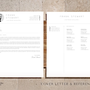 May include: A black and white cover letter and references template for a software developer. The cover letter is addressed to Dear Mr. Jones and the references section lists names, titles, companies, phone numbers, and email addresses.