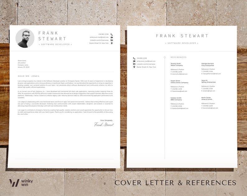 May include: A black and white cover letter and references template for a software developer. The cover letter is addressed to Dear Mr. Jones and the references section lists names, titles, companies, phone numbers, and email addresses.