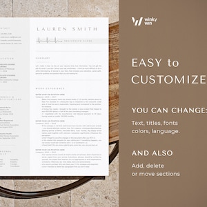 May include: A resume template with a modern design. The template features a white background with black text and a simple, clean layout. The template includes sections for contact information, education, work experience, licenses and certifications, personal skills, and a summary. The template is easy to customise with different fonts, colours, and languages. The text "EASY to CUSTOMIZE" is displayed in a large font size. The text "YOU CAN CHANGE: Text, titles, fonts colours, language." is displayed in a smaller font size. The text "AND ALSO Add, delete or move sections" is displayed in a smaller font size.