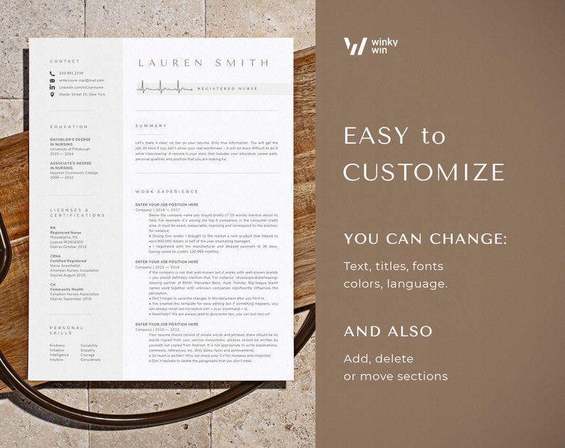 May include: A resume template with a modern design. The template features a white background with black text and a simple, clean layout. The template includes sections for contact information, education, work experience, licenses and certifications, personal skills, and a summary. The template is easy to customise with different fonts, colours, and languages. The text "EASY to CUSTOMIZE" is displayed in a large font size. The text "YOU CAN CHANGE: Text, titles, fonts colours, language." is displayed in a smaller font size. The text "AND ALSO Add, delete or move sections" is displayed in a smaller font size.