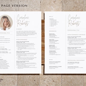 May include: A two-page resume template with a professional headshot, skills, work experience, education, and references. The resume is designed in a minimalist style with a white background and black text.