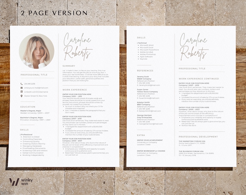 May include: A two-page resume template with a professional headshot, skills, work experience, education, and references. The resume is designed in a minimalist style with a white background and black text.