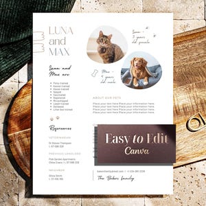May include: A pet profile template with the names "Luna and Max" at the top. The template includes photos of a cat and a dog, along with details about their age and gender. The text "Easy to Edit Canva" is also visible.