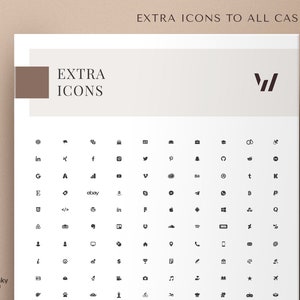 K&ouml;nnte beinhalten: Ein wei&szlig;es Blatt Papier mit einem Raster aus schwarzen Symbolen. Die Symbole stellen verschiedene Social-Media-Plattformen, Apps und Symbole dar. Der Text "EXTRA ICONS TO ALL CASES" befindet sich oben auf der Seite.