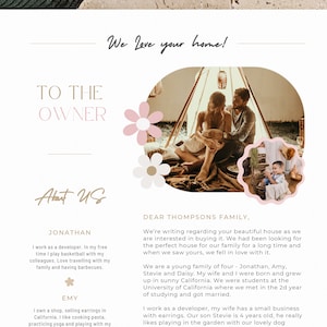Carta de amor al vendedor de bienes raíces para oferta de casa, linda plantilla de carta de oferta de casa con flores en canva, hermosa y cálida carta de oferta de casa al vendedor