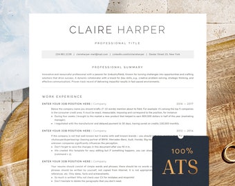 May include: A black and gold resume template with the text "100% ATS" in a gold circle on a black background. The resume template is designed to help job seekers create a professional resume that will get noticed by Applicant Tracking Systems (ATS).