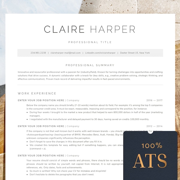 Ats Friendly Resume Template Creative Cv With Cover Letter Etsy UK