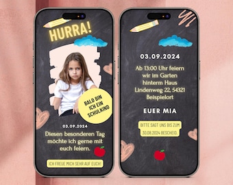 Einladungskarten zur Einschulung mit Foto, Digitale Einladung Einschulung Vorlage, Ecard Whatsapp Online Gestalten Animiert, Erster Schultag