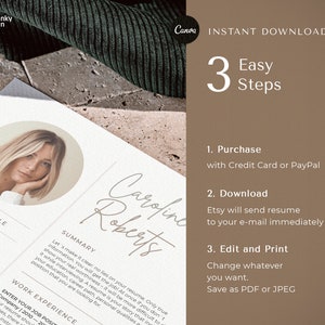 May include: A beige and white resume template with a photo of a woman in the top left corner. The text "Carolyn Roberts" is written in cursive in the top right corner. The text "Easy Steps" is written in black on a brown background. The text "1. Purchase with Credit Card or PayPal", "2. Download Etsy will send resume to your e-mail immediately", and "3. Edit and Print Change whatever you want. Save as PDF or JPEG" is written in black on a brown background.