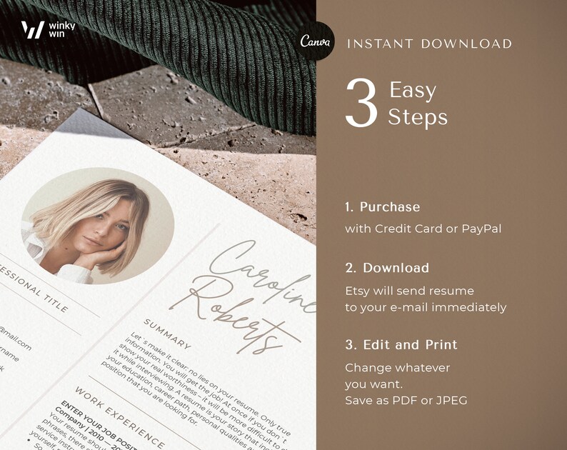 May include: A beige and white resume template with a photo of a woman in the top left corner. The text "Carolyn Roberts" is written in cursive in the top right corner. The text "Easy Steps" is written in black on a brown background. The text "1. Purchase with Credit Card or PayPal", "2. Download Etsy will send resume to your e-mail immediately", and "3. Edit and Print Change whatever you want. Save as PDF or JPEG" is written in black on a brown background.