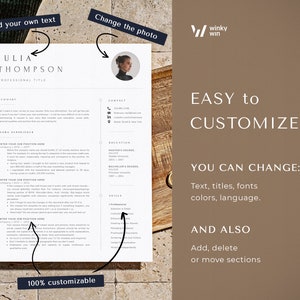 Puede incluir: Una plantilla de curr&iacute;culum personalizable con fondo blanco y texto negro. La plantilla incluye secciones para resumen, experiencia laboral, educaci&oacute;n, habilidades e informaci&oacute;n de contacto. El texto "Agregar su propio texto" y "Cambiar la foto" se resalta con flechas. El texto "F&Aacute;CIL DE PERSONALIZAR" y "PUEDE CAMBIAR: Texto, t&iacute;tulos, fuentes, colores, idioma. Y TAMBI&Eacute;N Agregar, eliminar o mover secciones" se muestra en un cuadro marr&oacute;n.