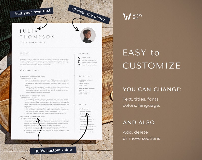 Puede incluir: Una plantilla de curr&iacute;culum personalizable con fondo blanco y texto negro. La plantilla incluye secciones para resumen, experiencia laboral, educaci&oacute;n, habilidades e informaci&oacute;n de contacto. El texto "Agregar su propio texto" y "Cambiar la foto" se resalta con flechas. El texto "F&Aacute;CIL DE PERSONALIZAR" y "PUEDE CAMBIAR: Texto, t&iacute;tulos, fuentes, colores, idioma. Y TAMBI&Eacute;N Agregar, eliminar o mover secciones" se muestra en un cuadro marr&oacute;n.