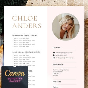 Pink sorority resume bundle template canva, Sorority packet template, Sorority recruitment resume, Sorority Rush resume with photo Rose gold
