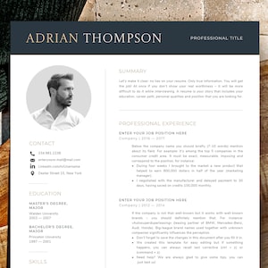 Plantilla de currículum vitae para hombres, diseño de currículum vitae minimalista para Word + Pages, currículum sólido con resumen, habilidades y experiencia