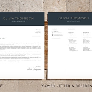 Pode incluir: Um modelo de carta de apresenta&ccedil;&atilde;o e refer&ecirc;ncias em preto e branco com o nome Olivia Thompson, Diretora de Marketing, no topo de cada p&aacute;gina. A carta de apresenta&ccedil;&atilde;o &eacute; dirigida ao Sr. Jones e a se&ccedil;&atilde;o de refer&ecirc;ncias lista v&aacute;rios nomes e informa&ccedil;&otilde;es de contato.
