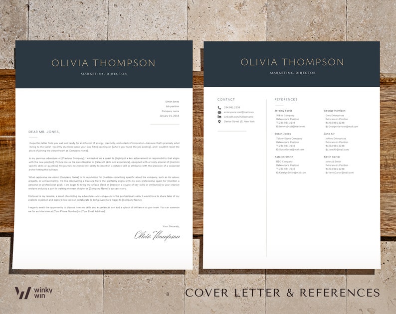 Pode incluir: Um modelo de carta de apresenta&ccedil;&atilde;o e refer&ecirc;ncias em preto e branco com o nome Olivia Thompson, Diretora de Marketing, no topo de cada p&aacute;gina. A carta de apresenta&ccedil;&atilde;o &eacute; dirigida ao Sr. Jones e a se&ccedil;&atilde;o de refer&ecirc;ncias lista v&aacute;rios nomes e informa&ccedil;&otilde;es de contato.
