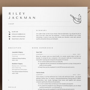 May include: A black and white resume template for a chef. The resume includes a summary, education, work experience, and skills sections. The resume is formatted with a modern and clean design.